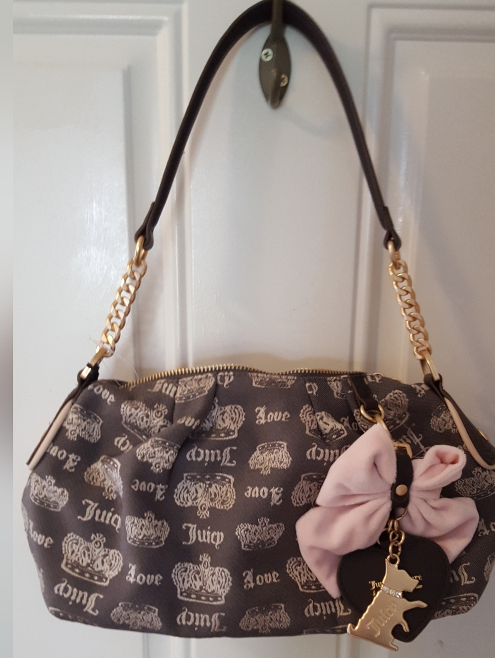 Juicy Couture Brown Logo Shoulder Bag with Pink Bow & Gold Chain